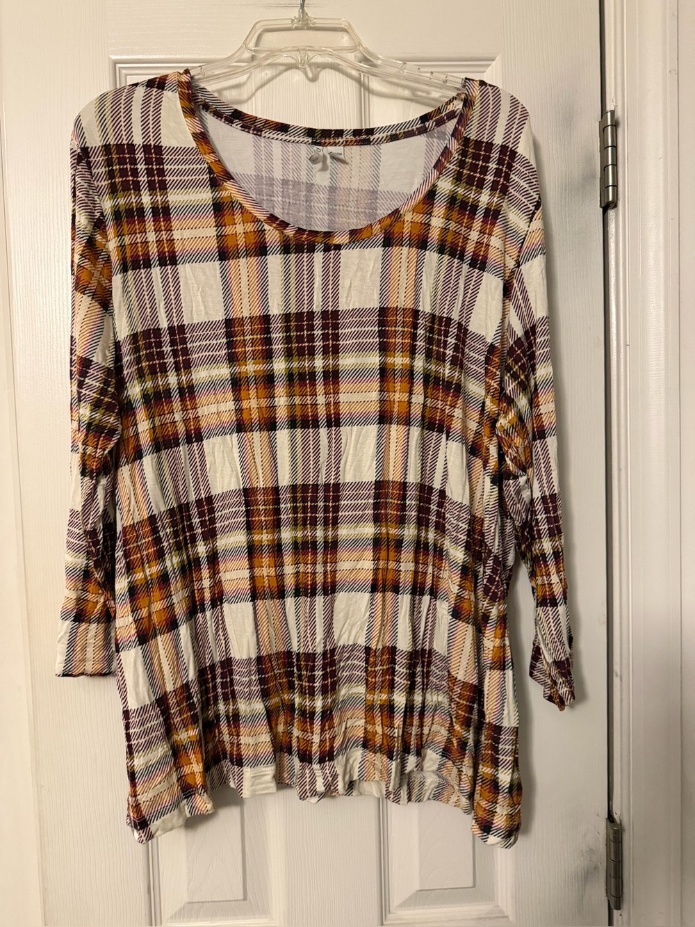 Cato Plaid Scoop-Neck Tunic in Cream, Burgundy & Mustard